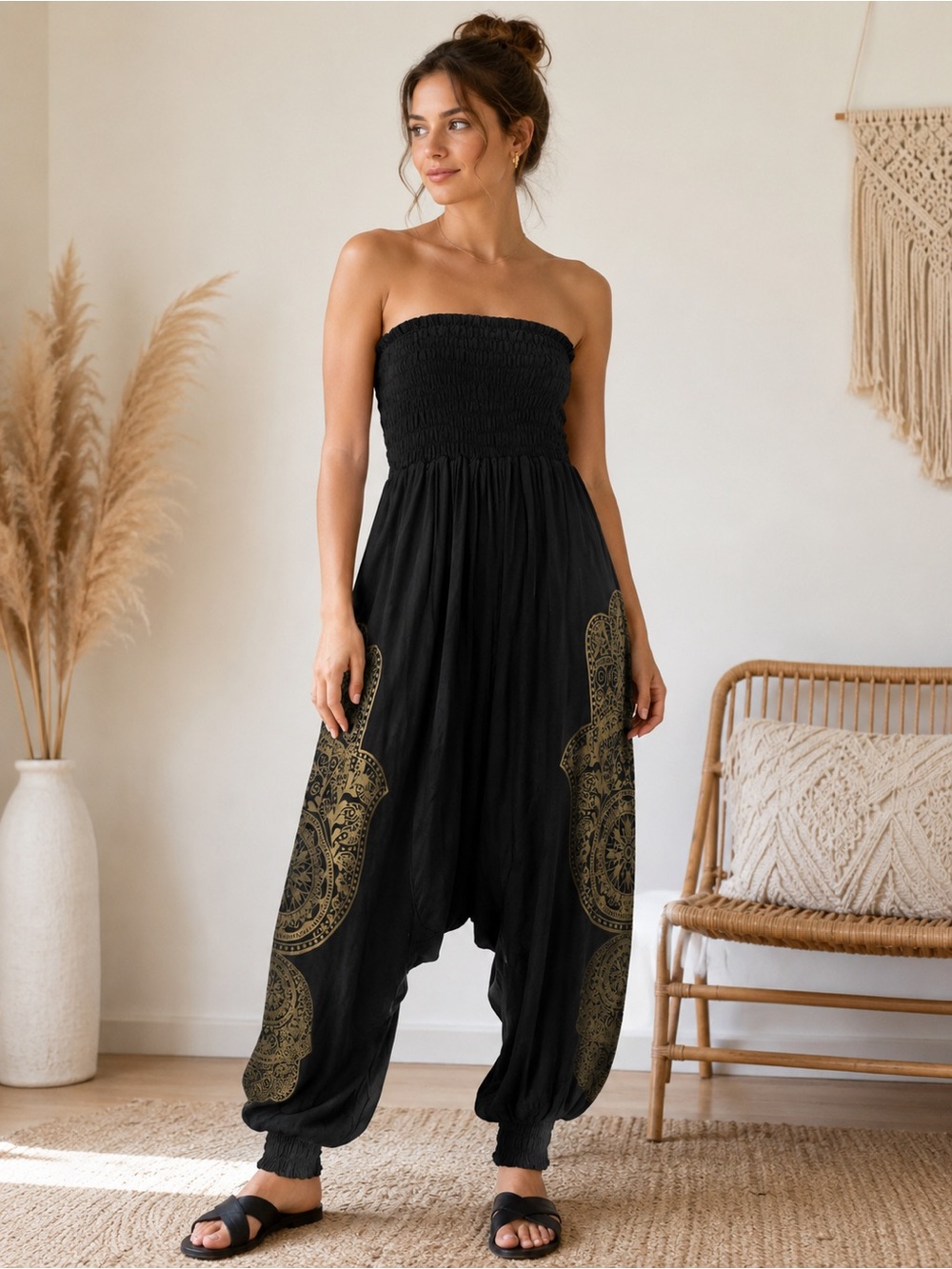 Strapless Black Harem Style Jumpsuit with Gold Paisley Accents